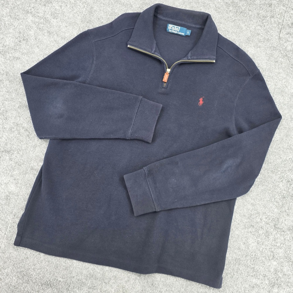 Polo Ralph Lauren Mens Navy Blue Quarter Zip Pullover Cotton Ribbed Sweater L